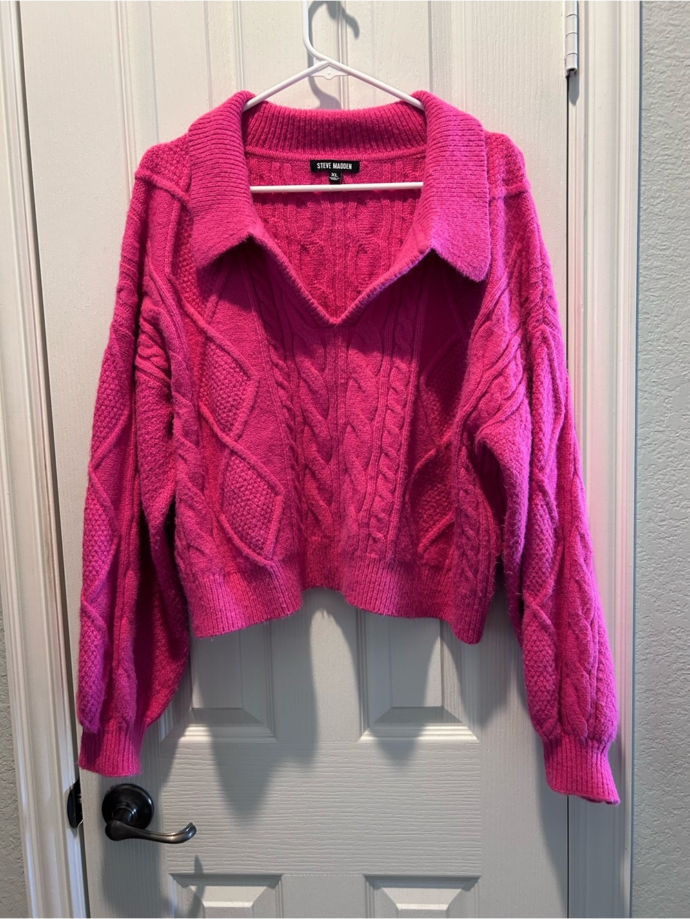 Steve Madden Hot Pink Cable-Knit V-Neck Sweater